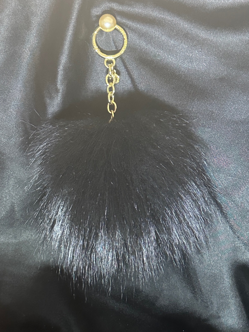 Michael Kors Black Fur Pom Pom Keychain with Gold Ring